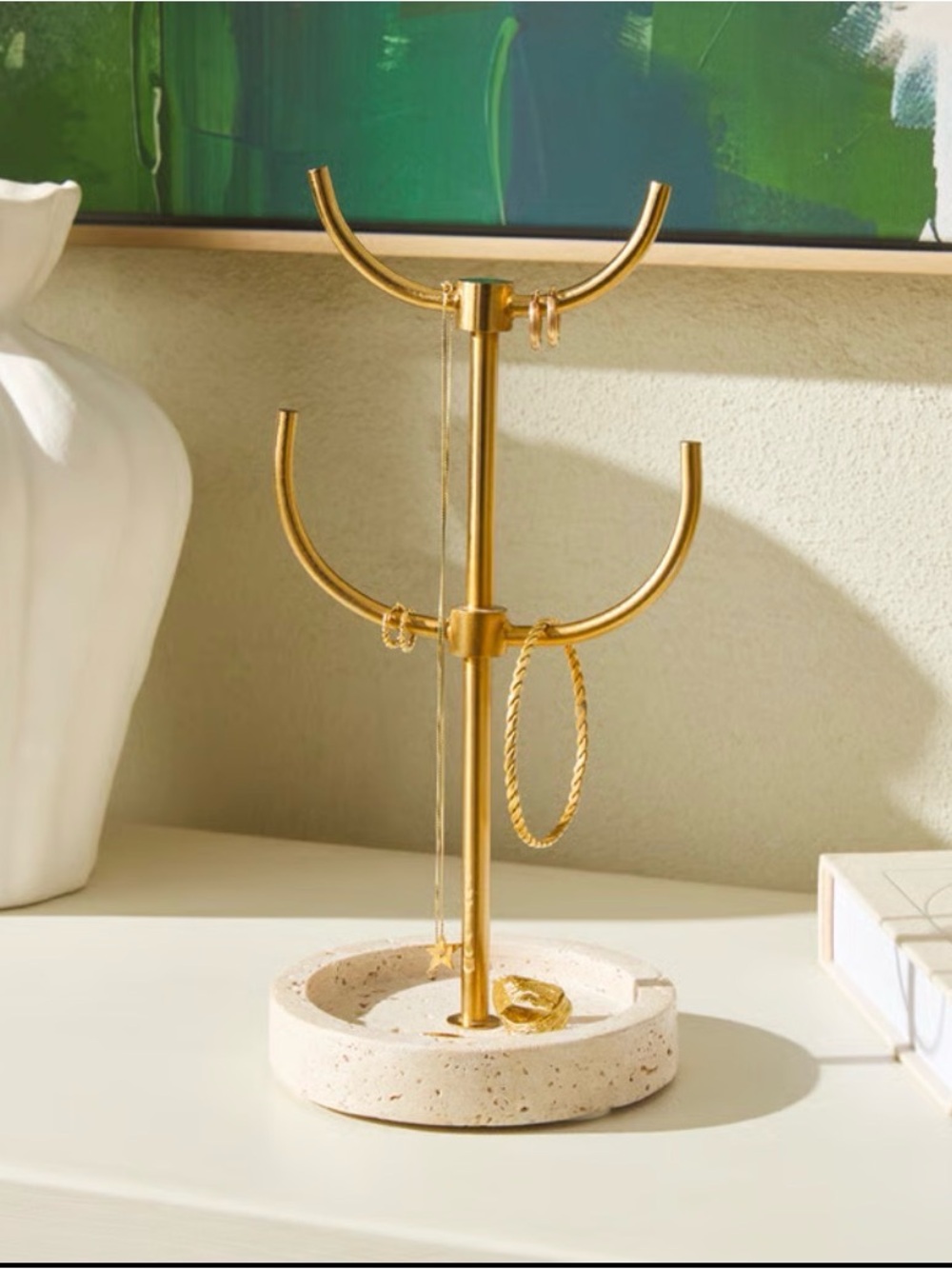 Gold Tree Jewelry Stand with Marble Travertine Base